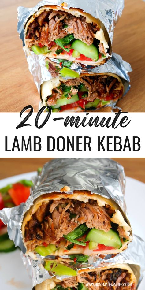 Make this super easy lamb doner kebab using leftover roasted lamb in less than 20 minutes. Full of flavor, this leftover lamb doner recipe is filled with roasted lamb, fresh vegetables, a garlicky sauce and fresh herbs and makes the perfect dinner idea! Doner Recipe, Pizza Crockpot, Leftover Roast Lamb, Pasta Recipes Healthy, Chicken Recipes Pasta, Leftover Lamb, Wraps Recipes Healthy, Roasted Lamb, Wraps Recipes