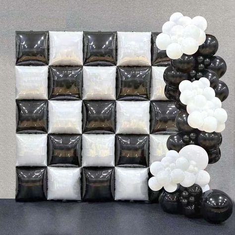 PRICES MAY VARY. (Square Foil Balloon Wall Background Kit) selection of latex black and white balloons and high-gloss black and white square aluminium film balloons are cleverly blended to create a party space that is both classic and stylish, suitable for deluxe Checkerboard Party Decoration every moment of any party to themed celebrations (High quality) Each balloon is made from high quality materials. Latex and aluminium film balloons are even tougher and more durable. Even if it's your first Foil Balloon Wall, Black And White Balloons, Halloween 1st Birthdays, Hot Wheels Birthday, Celebration Background, Black Checkered, Balloon Backdrop, Balloon Wall, White Balloons