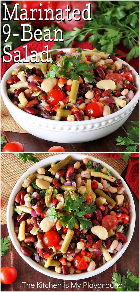 Bowl of Marinated 9-Bean Salad Marinated Beans Recipe, Marinated Beans, Recipes Beans, Marinated Salad, Dry Beans Recipe, The Kitchen Is My Playground, Bean Salads, Veggie Side Dish Recipes, Salad Jar Recipe