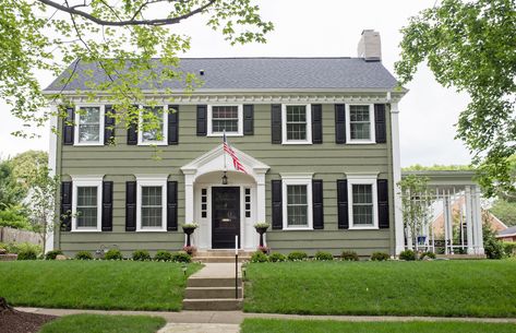 sage green colonial house Painted Brick Georgian House Exterior, 1980s Colonial House Exterior, Cottage Colonial Homes, Sage Green Colonial House Exterior, Green Colonial House, Green Colonial House Exterior, Updated Colonial Exterior, Colonial House Exterior Makeover, Colonial House Exterior Colors