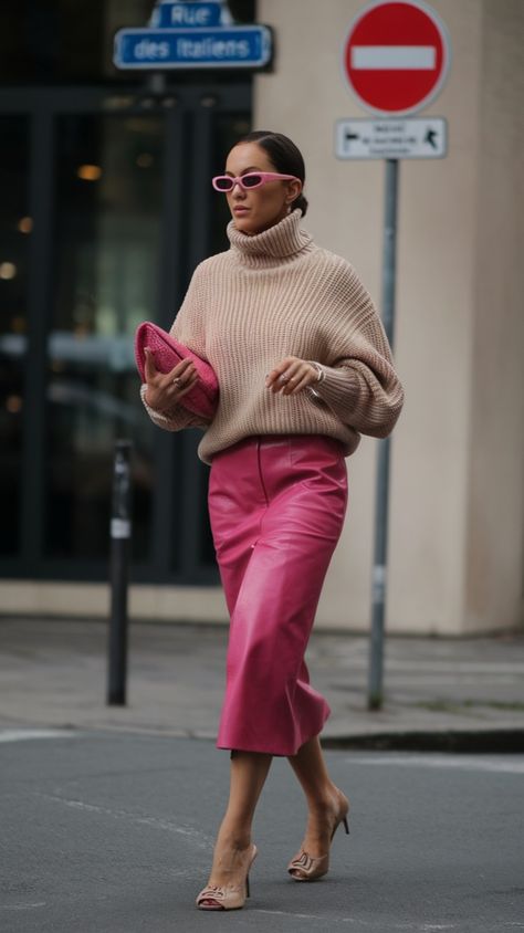 This look features a cozy beige turtleneck sweater paired with striking pink leather culottes, offering a chic mix of comfort and statement style. Accessories, like pink sunglasses and a matching clutch, emphasize the spring outfit’s playful party fashion vibe. Perfect for women 2025, this trending look balances neutral tones with bold accents for an effortlessly modern aesthetic.