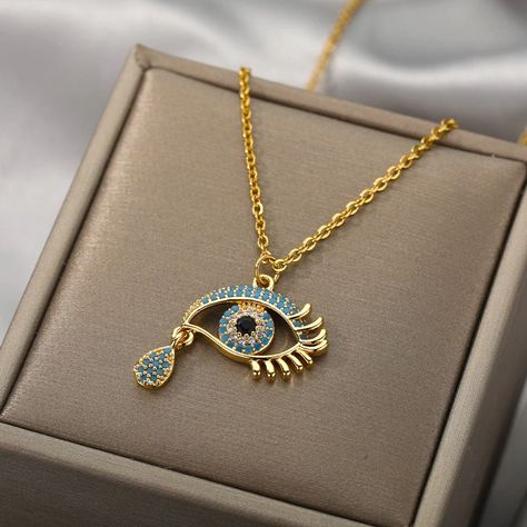 14K Gold Evil Eye Necklace, Cubic Zirconia Stone Evil Eye Necklace, Dainty Blue 14k Gold Filled Necklace, Silver Necklace, Oval Eye Necklace by JodaStore on Etsy Delicate Silver Necklace, Necklace Chain Types, Turkish Eye, Evil Eye Necklace Gold, Face Necklace, Blue Evil Eye, Trendy Necklaces, Evil Eye Pendant, Christmas Gift Jewelry