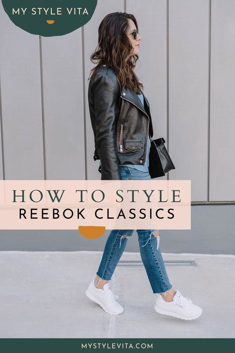 Check out all these ways to style Reebok classics. From pairing classic Reeboks with skirts, dresses and trench coats, there's a way to wear these street style sneakers for any casual personal style. #styletips #styletricks #mystylevita #elevatedeveryday #reeboks White Rebook Shoes Outfit Women, Rebook Classic Woman Outfit, Rebook Outfit Woman, Classic Reebok Shoes Outfit Women, Reebok Princess Sneakers Outfit, Reebok Classic Outfit Street Style, Classic Reebok Shoes Outfit, Reebook Outfit Women, Reebok Classic Leather Outfit