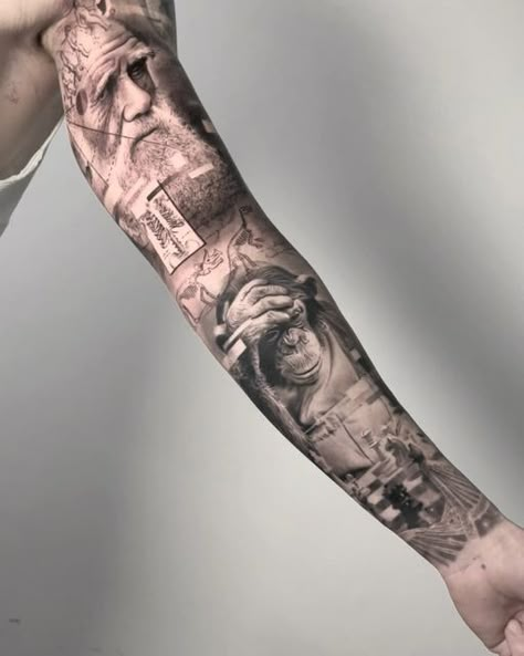 Realism Sleeve, Evolution Tattoo, Barcelona Tattoo, Tattoo Art Drawings, Arm Tattoos For Guys, Tattoo Sleeve, Future Tattoos, Arm Tattoo, Realism