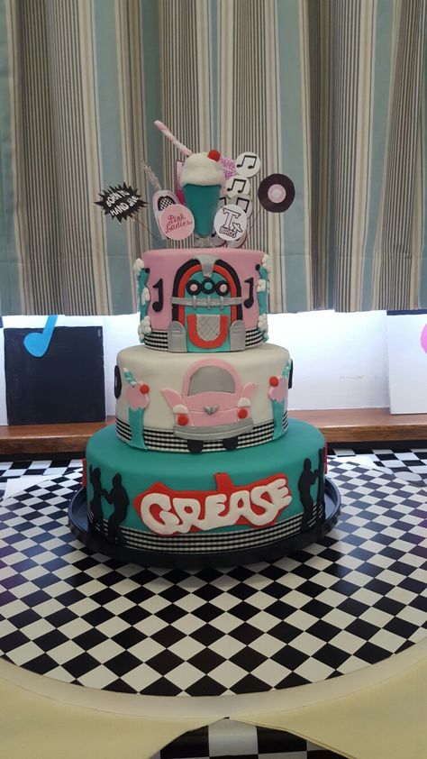 Grease Themed Cake, Sock Hop Birthday Party, Grease Birthday Cake, Grease Themed Party Decoration, Grease Party Theme, Grease Birthday Party, Grease Cake, 50s Cake, Grease Themed Parties