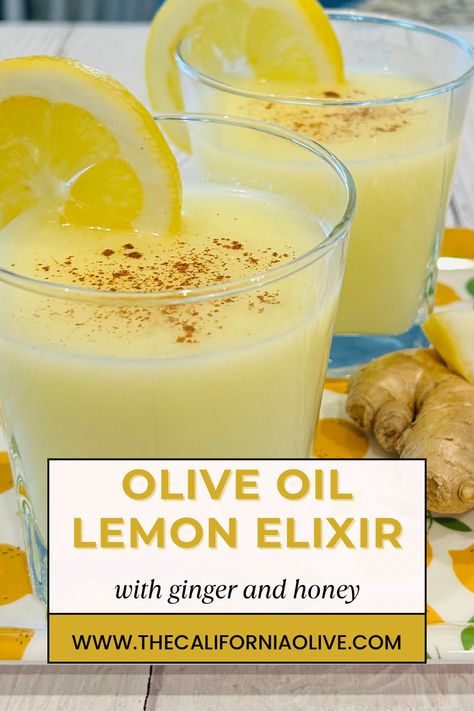 olive oil lemon elixir Olive Oil Lemon Honey Drink, Lemon Olive Oil Elixir, Lemon Ginger Honey Elixir, Morning Elixir Drinks, Lemon Ginger Olive Oil Drink, Lemon Elixir Recipe, Lemon Elixir, Digestion Drink, Vitamin C Drinks