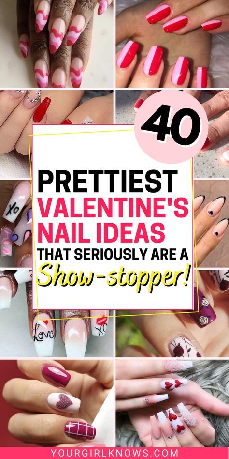 Pink Valentines Nails Short, Valentine Nails Coffin, Valentine Day Nails Acrylic, Nail Designs For Valentines Day, Valentines Nails Simple, Valentines Nails Red, Valentines Nails Pink, Cute Valentines Nails, Valentine Nail Ideas