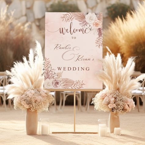 Pink Boho Wedding Centerpieces, Bohemian Reception Decor, Indian Reception Decor, Rose Gold Wedding Flowers, Blush Pink And Gold Wedding, Pink Boho Wedding, Modern Welcome Sign, Pink Wedding Receptions, Boho Wedding Reception