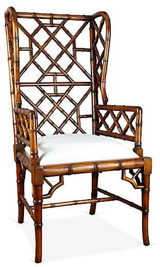 One Kings Lane Chinoiserie Wingback Chair - Distressed Walnut Luxury Console Table, Leather Wingback Chair, Cane Dining Chairs, Stylish Accent Chairs, Swivel Club Chairs, Affordable Modern Furniture, Luxury Chairs, Leather Club Chairs, Perfect Chair