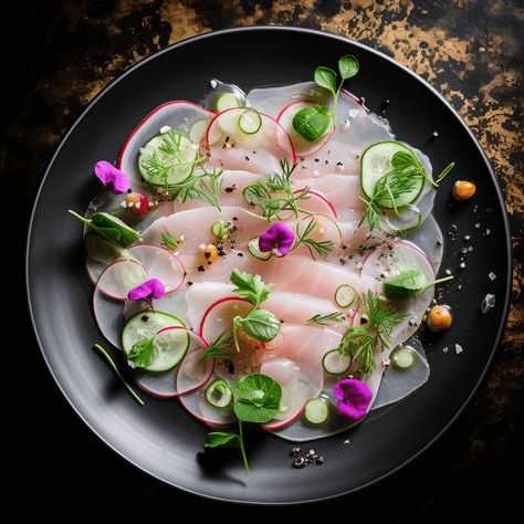 Yellowtail Carpaccio with Yuzu Vinaigrette and Caviar Recipe Sashimi Plating Ideas, Yellowtail Fish Recipes, Yellowtail Carpaccio, Yellowtail Crudo, Yuzu Vinaigrette, Fish Carpaccio, Beef Carpaccio Recipe, Raw Fish Recipes, Salmon Carpaccio