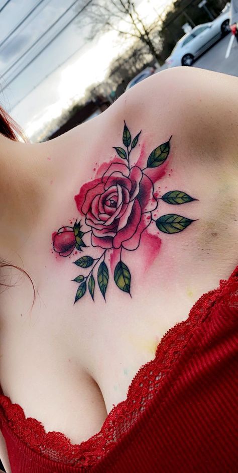 #tattoo #firsttattoo #rose #watercolor #watercolorrose Tattoo On Upper Chest, Vines With Thorns, Tattoo Ideas Beautiful, Coloured Rose Tattoo, Colorful Rose Tattoos, Rose And Dagger Tattoo, Rose Tattoo Ideas, Rose And Dagger, Female Tattoo Models