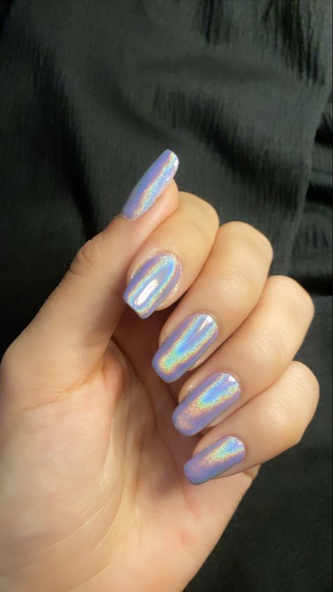 Holographic nails | summer nail | 2021 | purple nail | rainbow chrome nail Chrome Nails Line Designs, Purple Iridescent Nails Acrylic, Chrome Nails Holographic, Purple Holo Nails, Holo Chrome Nails, Purple Iridescent Nails, Irridecent Design Nails, Colored Chrome Nails, Lilac Chrome Nails