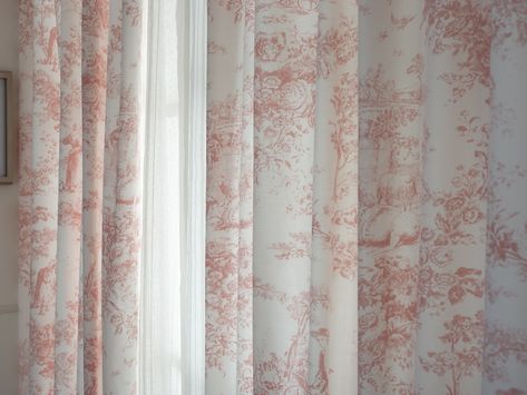 Pink Toile Curtains, Switzerland House, Blush Curtains, Toile Curtains, Printed Cotton Curtain, Toile Bedding, Austin Apartment, Red Duvet Cover, Dream Dining Room