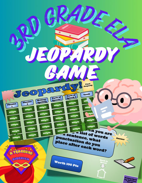 This Jeopardy game is a review of ELA content in 3rd grade. The categories include phonics, parts of speech, spelling/writing, and content vocabulary. It is completely interactive. No need to scroll through all the slides, you just click on the points for whatever category that you like and it will take you right to the question Jeopardy Game, Words Worth, Parts Of Speech, Word List, Summer School, 4th Grade, 3rd Grade, Phonics, School Year