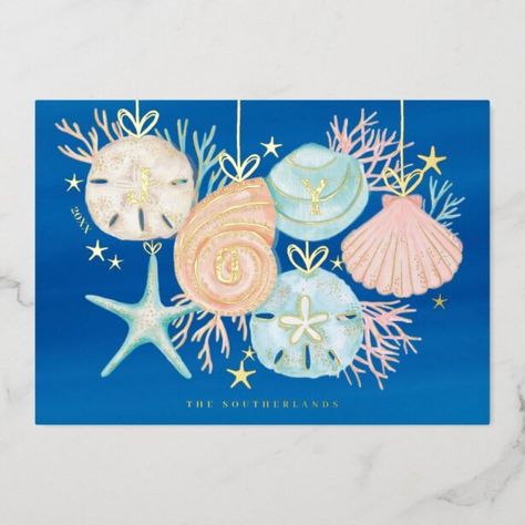 Beachy Christmas Cards, Seashell Hanging, Beach Christmas Card, Watercolor Christmas Cards Diy, Seashell Christmas, Ocean Watercolor, Beachy Christmas, Seashell Ornaments, Joy Christmas