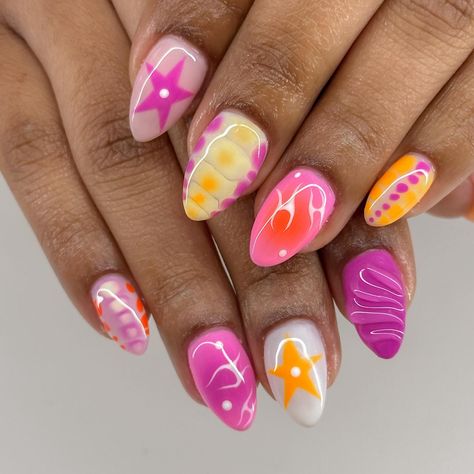 The perfect abstract set for spring🤭 Acrylic overlay: $57 Simple designs x2: $5 Intricate designs x8: $40 Total: $102 Cute Abstract Nail Designs, Groovy Nail Art Acrylic, Colorful Swirls Nails, Fun Nail Designs Creative, Fun Vacation Nails, Groovy Nail Designs Almond, Colorful Groovy Nails, Bright Nail Designs, Teen Nails