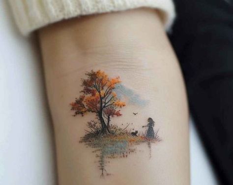 Cat In Tree Tattoo, Fall Scenery Tattoo, Detailed Tree Tattoo, Fall Tree Tattoos For Women, Beautiful Nature Tattoos, Autumn Tree Tattoo, Fine Line Color Tattoo, Tattoo Ideas Tree, Autumn Tattoo Ideas