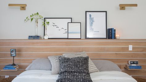 Wall That Does It All Built Out Headboard Wall, Ledge Headboard Wall, Headboard With Ledge, Artwork Ledge, Headboard Ledge, Built In Headboard Wall, Layering Art, Breakfast Room Green, Classic Side Table