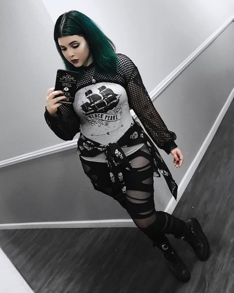 A pirate’s life for me 🌊💀⚓️  Shirt, leggings and skull blouse from @hottopic  Fishnet top from @fashionnova  Shoes from @killstarco Dre Ronayne, Plus Size Goth, Outfit Curvy, Fishnet Top, Leggings, Plus Size, On Instagram, Instagram