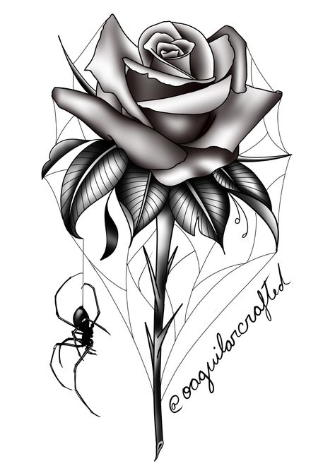 Black Widow Rose Tattoo, Spiderweb Rose Tattoo, Spider And Flower Tattoo Design, Black Roses Drawing, Spiderwebs And Flowers Tattoo, Spider Web Rose Tattoo, Spider With Rose Tattoo, Spider And Rose Tattoo, Rose Spider Web Tattoo