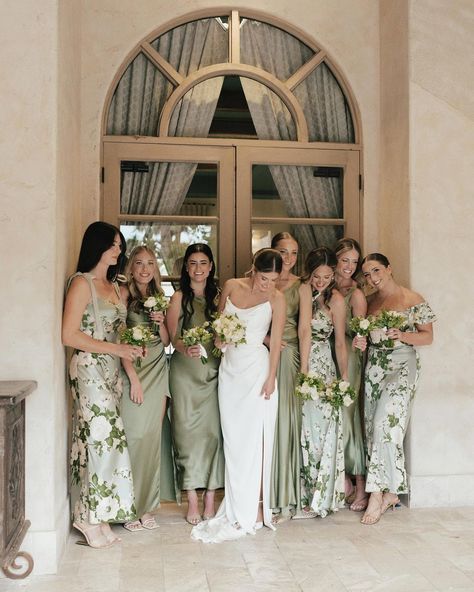 ARIZONA WEDDING PHOTOGRAPHERS - KAYLEE & ANDY | WEDDING TREND Bridesmaid dresses change the look and feel of the photos. We loved these mismatched green floral dresses Kathleen’s… | Instagram Mixed Green Bridesmaid Dresses, Olive Green Bridesmaid Dresses, Olive Green Weddings, Neutral Bridesmaid Dresses, Gorgeous Bridesmaid Dresses, Bridal Party Gowns, Sage Green Bridesmaid Dress, Floral Bridesmaid Dresses, Bridesmaid Duties