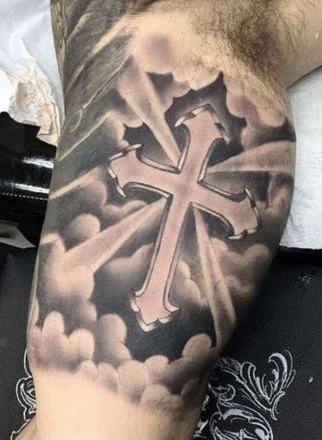 Cross With Sun Rays Tattoo, Cross With Clouds Tattoo, Chrome Hearts Cross Tattoo, Chrome Hearts Tattoo, Cross Tattoos For Men, Holy Tattoos, Inside Bicep Tattoo, Cruz Tattoo, Star Tattoos For Men