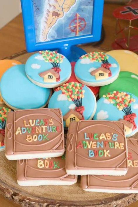 Take a look at the wonderful Up inspired cookies at this Up birthday party See more party ideas and share yours at CatchMyParty.com #catchmyparty #partyideas #4favoritepartiesoftheweek #up #upparty #upmovie #boybirthdayparty Up Movie Themed Birthday Party, Up Theme Dessert Table, Up 1st Birthday Theme, Up Themed Cookies, Birthday Theme Ideas For Kids, Up Movie Decorations, Up Themed Birthday Party Pixar, Up Baby Shower Theme, Up Baby Shower Ideas