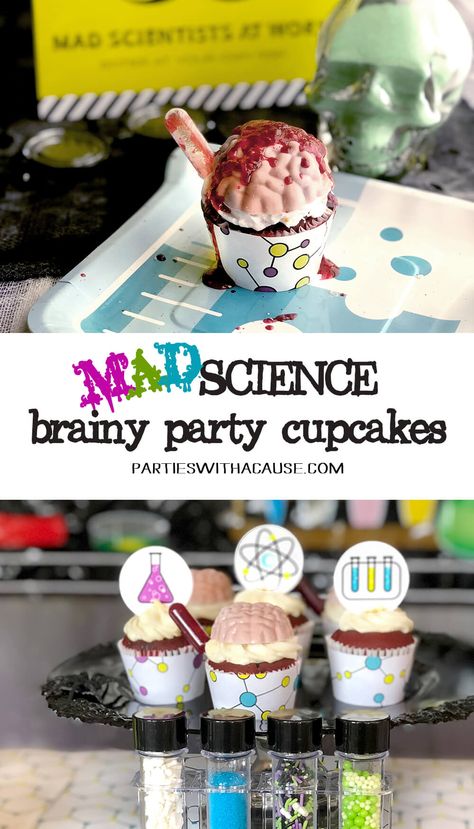 Host a party for your little geniuses with these brainy mad science cupcakes. Find other mad science party ideas, food, and activities for kids at PartiesWithACause.com #madscienceparty #madscienceideas #partycupcakes #braincupcakes #sciencefood Cupcakes With Pipettes, Science Cupcakes, Science Party Printables, Science Party Ideas, Wacky Science, Savory Halloween Food, Party Ideas Food, Science Birthday Party Ideas, Parties Themes