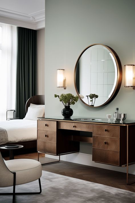 a round mirror above a contemporary desk in the bedroom Mirror Above Desk, Desk In The Bedroom, Above Desk, Brick Effect Wallpaper, Feng Shui Principles, Under Stairs Cupboard, House Upgrades, Office Closet, Contemporary Desk