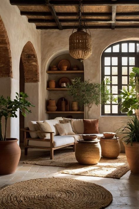 A cozy Mediterranean-style interior featuring arched doorways, rustic wooden ceilings, and natural decor like potted plants and woven rugs for a warm, inviting atmosphere. Mediterranean Aesthetic Interior, Earthy Homes, Wood Plants, Arched Doorways, Mediterranean Interior Design, Mediterranean Aesthetic, Mediterranean Interior, Natural Decor, Decor Elements