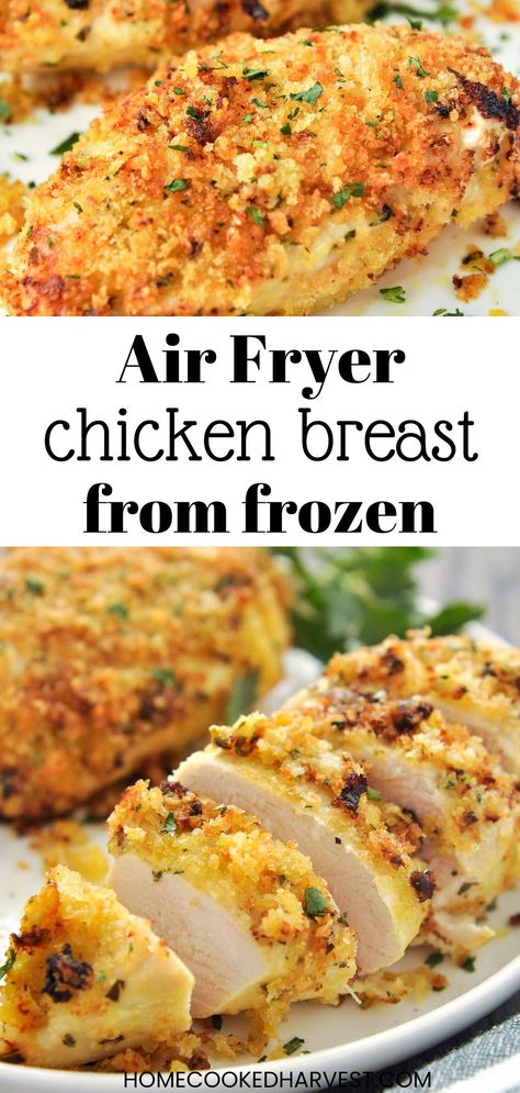 Air Fryer Frozen Chicken Breasts get brushed with a mayonnaise sauce then coated in breadcrumbs to keep it super moist. This recipe makes a juicy chicken dinner without the need for thawing. Frozen Grilled Chicken In Air Fryer, Air Fryer Chicken From Frozen, Can You Cook Frozen Chicken In Air Fryer, Cook Frozen Chicken In Air Fryer, Frozen Chicken Breast Ninja Foodi, Frozen Chicken Ninja Foodi, How To Cook Frozen Chicken In Air Fryer, Cooking Frozen Chicken In Air Fryer, Frozen Chicken Dinner Recipes