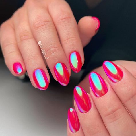 Chrome Nail Designs, Red Chrome Nails, Red Holographic, Metallic Nail Art, Female Energy, Pink Chrome Nails, Metallic Nail, Chrome Nails Designs, Chrome Nail