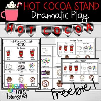 Coffee Dramatic Play Preschool, Hot Chocolate Shop Dramatic Play, Dramatic Play Center Ideas Preschool, Dramatic Play Centers Winter, Dramatic Play Hot Chocolate Stand, Pretend Play Hot Chocolate Stand, Hot Cocoa Stand Preschool, Hot Cocoa Dramatic Play Preschool, Hot Coco Dramatic Play Center