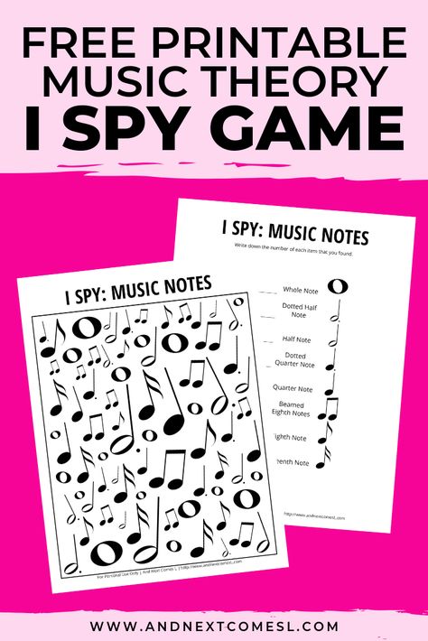 This free music theory I spy printable game is perfect for kids who need to practice music theory! They'll love searching and counting for the different music note values. #ispyprintable #ispygames #musictheory #musicgames Music Games For Kids, Teaching Music Theory, Spy Games For Kids, Music Theory Games, Music Printables, Music Theory Lessons, Music Theory Worksheets, Kindergarten Music, Homeschool Music