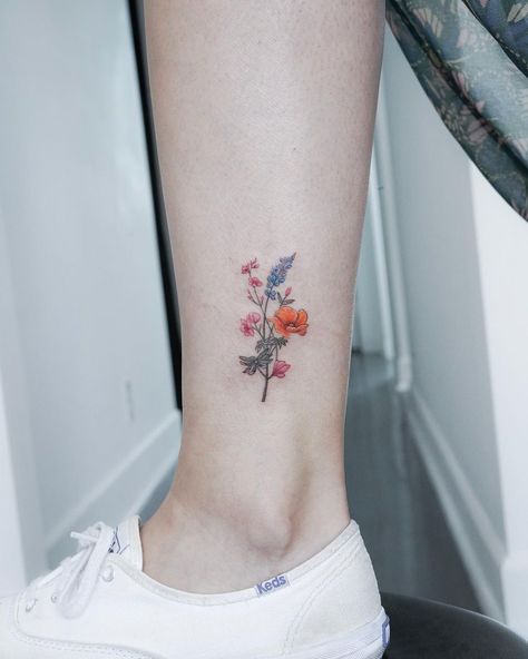 Tattoo Ideas With Words, Small Flower Bouquet Tattoo, Ankle Tattoo Cross, Ankle Tattoo Cover Up, Inner Ankle Tattoos, Bluebonnet Tattoo, Foot Tattoo Ideas, Back Of Ankle Tattoo, Butterfly Ankle Tattoos