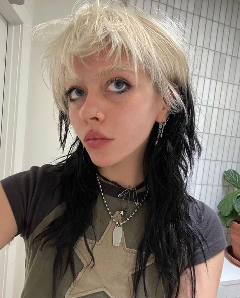 Bleached Blonde To Brunette, Bleached Shag Hair, Blonde Bangs On Dark Hair, Bleach Roots Black Hair, Sliver Highlight Hair, Unique Bleached Hair, Blond Bangs Brown Hair, Checkered Hair Color, Bleached Sideburns Hair