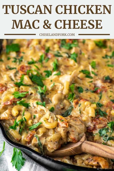 With pasta, chicken, sun-dried tomatoes, kale and cheese, this Tuscan chicken mac and cheese recipe is the definition of a comfort food one pot meal. #tuscanchickenmacandcheese #macandcheese #pasta | chiselandfork.com Sundried Tomato Mac And Cheese, Tuscan Mac And Cheese, Tuscan Chicken Mac And Cheese, Chicken Mac And Cheese Recipe, Football Foods, Chicken Mac And Cheese, Pasta Calories, Sundried Tomato Pasta, Bacon Mac And Cheese