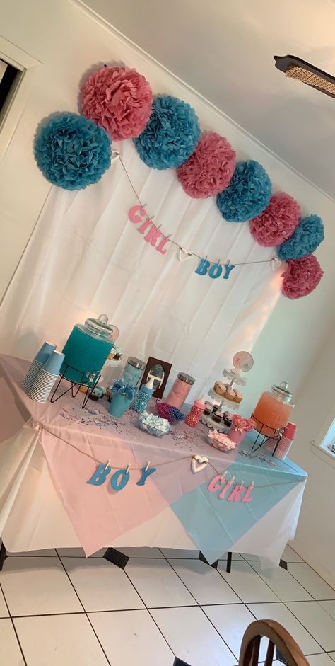 Picnic Table Gender Reveal Decor, Small And Simple Gender Reveal, Unique Reveal Gender Ideas, Gender Reveal Decor Outdoor, Gender Reveal Ideas No Mess, Gender Review Decoration, Indoor Gender Reveal Decorations, Gender Reveal Main Table Ideas, Gender Reveal Ideas Inside House