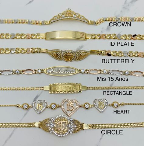 ❤️❤️❤️ Rectangle plate 15 Años ❤️❤️❤️ ❤️ Real 14k Gold Bracelet Sweet 15 - Mis 15 Años with hearts  ❤️ 7" long bracelet and 2.5mm wide  ❤️ Yellow gold ❤️ Fine jewelry ❤️ Pulsera en oro de 14 Kilates De quinceañera  ❤️ 7 pulgadas de largo y 2.5 milímetros de ancho  ❤️ Brasalete en oro sólido de 14k - oro dorado   ❤️ Guillo de 15 años  Delivery signature required SKU 052733 ❤️ ❤️ ❤️ BUTTERFLY ❤️ ❤️ ❤️  ❤️ Real 14k Gold Bracelet Sweet 15 - Mis 15 Años with butterfly ❤️ 7" long bracelet and 5.5mm wi Xv Necklaces, Gold Hispanic Jewelry, Quince Bracelets Gold, 15 Bracelet Quinceanera, Quince Jewelry Set Gold, Quince Necklace Gold, Gold Mexican Jewelry, Quince Bracelets, Mexican Gold Jewelry