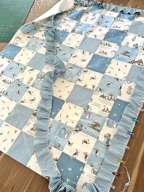 The Tales of Peter Rabbit- Patchwork Ruffle Baby Quilt - Square Patchwork Quilt, Sara Brown, Baby Boy Quilt Patterns, Peter Rabbit Fabric, Baby Quilt Size, Rabbit Fabric, Boys Quilt Patterns, Square Patchwork, Quilt Blocks Easy