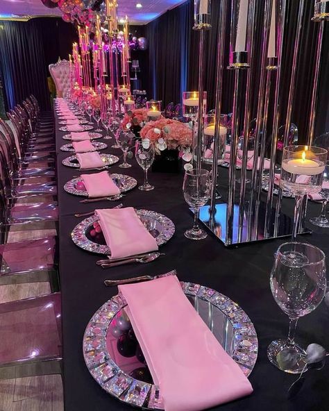 Pink Sweet 16 Birthday Party, Sweet 16 Party Ideas Light Pink, Centerpieces For Women's Events, Sweet 16 Table Ideas, Sweet 16 Party Ideas At A Restaurant, Dior Sweet 16 Ideas, Bougie Sweet 16 Party Ideas, Pink And Diamond Theme Party, Sweet 18th Birthday Ideas Decoration