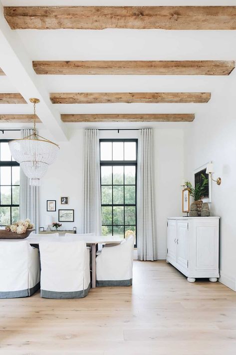 A stunning Belgian farmhouse style with a contemporary twist in Chicago Kate Marker Interiors, Best White Paint, White Dove, White Paint Colors, Furniture Office, Luxe Interiors, Wooden Beams, Oak Dining Table, Farmhouse Style House