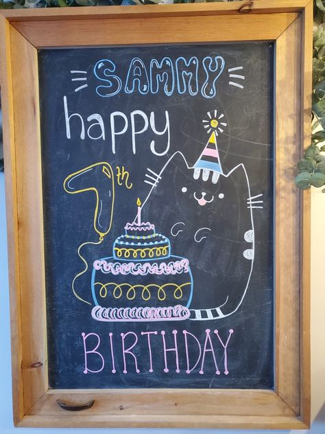 Chalk Happy Birthday, Chalk Happy Birthday Sign, Happy Birthday Black Board, Birthday Mural Ideas, Birthday Blackboard Ideas, Birthday Whiteboard Ideas, Cat Chalkboard Art, Chalkboard Birthday Sign, Birthday Chalkboard Ideas