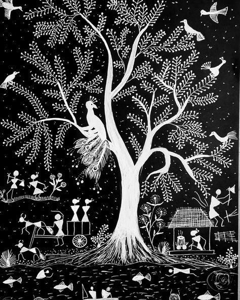 ✨️✨️✨️Tree of life in Warli Art 🏺♒WARLI ART♒🏺 Warli art is a traditional form of tribal art from the Warli tribe, primarily found in Maharashtra, India. Characterized by its simple, monochromatic designs, Warli art uses geometric shapes like circles, triangles, and squares to depict daily life, nature, and social rituals. The art is typically painted on mud walls with a paste made from rice and water. Warli art has served as a means of communication and storytelling, often reflecting themes... Warli Tree Of Life, Warli Paintings, Warli Art, Means Of Communication, Life Nature, Triangles, Tree Of Life, Geometric Shapes, Daily Life