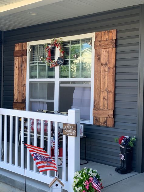 Red oak farmhouse shutters Updated Ranch Exterior, Oak Shutters, Farmhouse Shutters, Oak Farmhouse, House Shutters, Ranch Exterior, Trailer Home, Shutters Exterior, Updating House