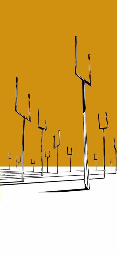 Yellow and white album cover with goal posts casting a shadow on the white ground. Many of the posts scattered out like cactus in a desert Origin Of Symmetry, Lockscreen Background, Muse Band, Rock Album Covers, Phone Lockscreen, Goth Wallpaper, Band Wallpapers, Cover Wallpaper, Muse Art