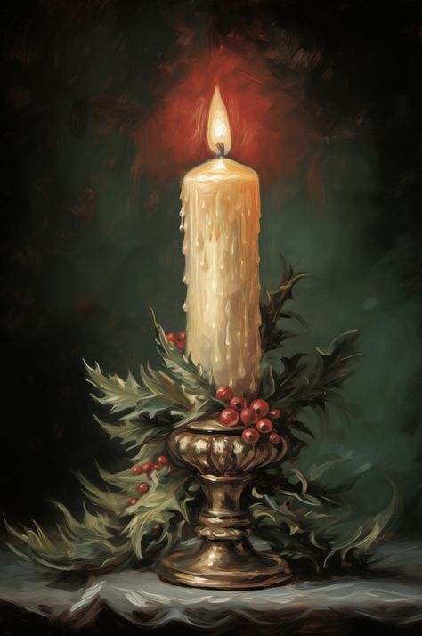 Evoke the warm essence of a classic Christmas with this meticulously crafted digital download artwork. This piece features a luminescent candle, radiating a serene glow amidst a backdrop of deep, moody hues. Nestled on an intricately designed holder, the melting wax of the candle tells tales of many festive evenings past. The artwork is adorned with lush holly leaves and clusters of radiant red berries, creating a symphony of textures and festive colors. Christmas Artwork Painting, Christmas Candle Art, Christmas Art Aesthetic, Christmas Still Life, Christmas Aesthetic Art, Xmas Painting Ideas, Candlelight Painting, Christmas Candle Pictures, Christmas Candle Painting