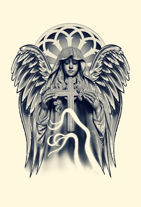 Angel Holding Cross Tattoo, Praying Angel Tattoo, Outline Drawing Tattoo, Praying Hands Tattoo Design, Religion Tattoos, Stencils Ideas, Tattoo Angel, Archangel Tattoo, Chicano Tattoos Sleeve