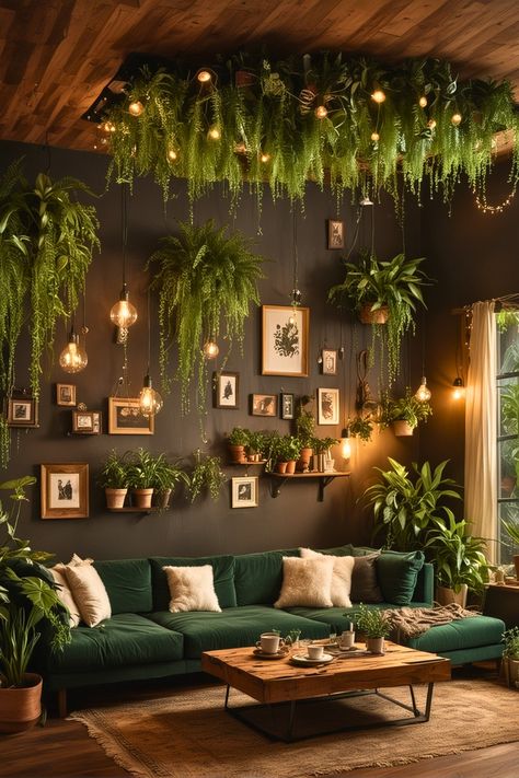 Alternative Dining Table Ideas, Moody And Bright Interior Design, Small Apartment Esthetics, Green Boho Living Room Decor, Dark Green Ceiling Living Room, Emerald Green Apartment Aesthetic, Nature Office Ideas, Botanical Old World Aesthetic, Speakeasy Room Ideas Bohemian