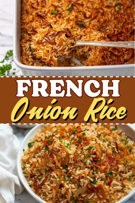 This French onion rice is almost too good to be true! The savory flavor captures the essence of your favorite soup in a hearty side dish. French Onion Soup Rice, French Rice, French Onion Rice, Savoury Rice Recipe, Onion Rice Recipe, French Side Dishes, Onion Rice, Rice Dishes Recipes, Rice Side Dish Recipes